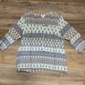 J. Jill Boho Sheer Blue Floral 3/4 Sleeve Top Women’s Petite Medium